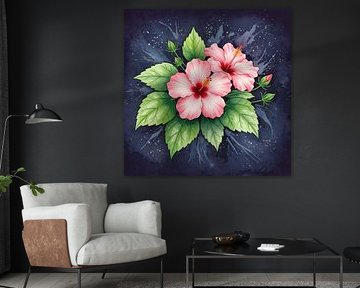 Elegant watercolor hibiscus flowers with lush green leaves on a dark dreamy background creating a vibrant tropical feel by DNArt Gallery's