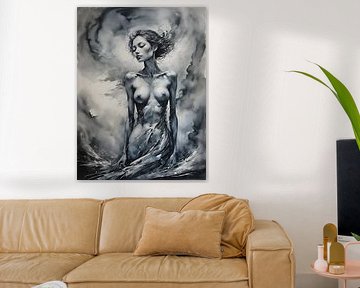 Femme mystique dans l'eau - Art sensuel en noir et blanc à l'aquarelle sur nachtfarbenart