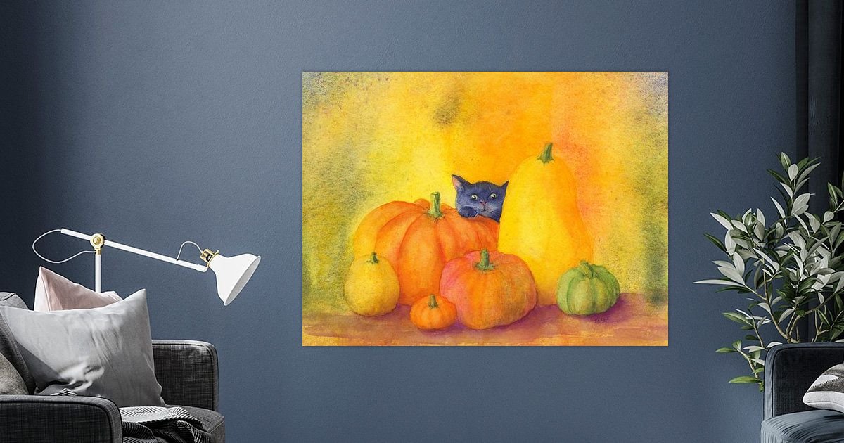 Schwarze Katze lugt hinter Kürbissen hervor von Karen Kaspar auf ArtFrame, Leinwand, Poster und mehr | Art Heroes