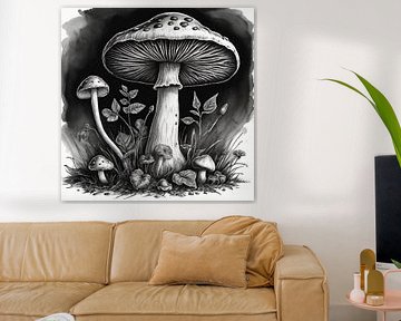 Mystical mushroom illustration - black and white artwork in watercolour look by nachtfarbenart