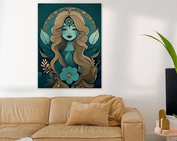 Mystieke vrouw met golvend haar en bladeren - surrealistische kunstillustratie