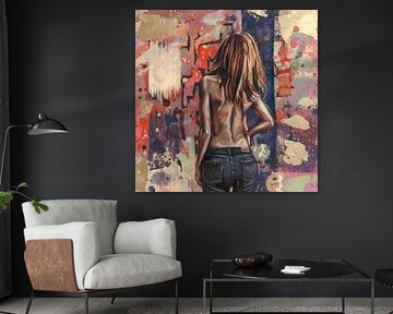 Kunstwerk vrouw in jeans - street art stijl van Emiel de Lange