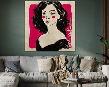 Digitale portrettekening in inktstijl – elegante vrouw met rode blos van MadameRuiz