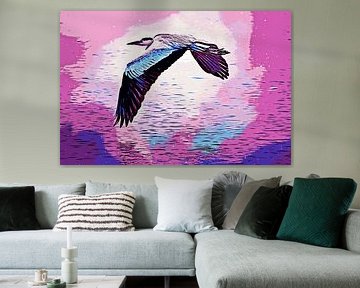 un héron cendré en vol mixed media