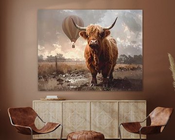 Stoere hooglander stier met luchtballon op de achtergrond van Emiel de Lange