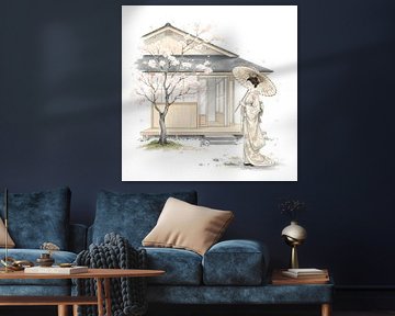Japanese Woman with Parasol and Sakura by DNArt Gallery's