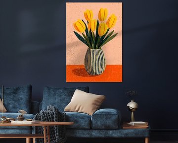 Gelbe Tulpen in gestreifter Vase