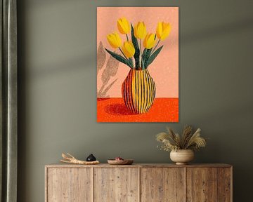 Gelbe Tulpen in gestreifter Vase
