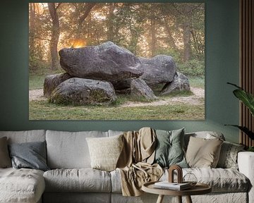 Hunebed D25; Dolmen D25, fog, backlight, orange, by Karin Broekhuijsen