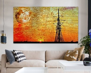 Lignes à haute tension et pylônes électriques au lever du soleil mixed media sur Werner Lehmann