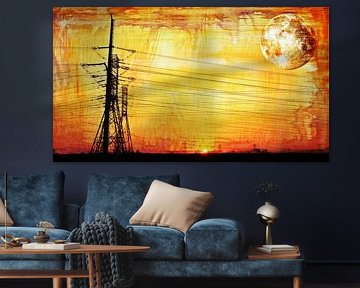 Lignes à haute tension et pylônes électriques au lever du soleil mixed media sur Werner Lehmann