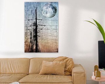 Paysage avec lignes à haute tension et pylônes électriques mixed media sur Werner Lehmann