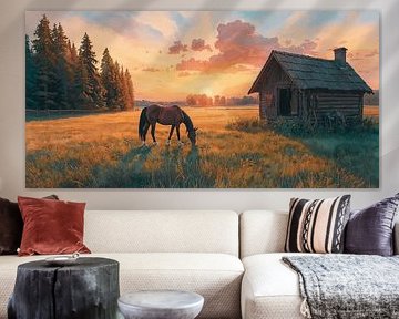 Horse by the Sunset Cabin by MajesticArts