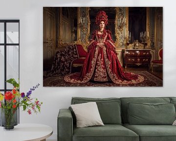 Vrouw in rode jurk in sierlijke kamer