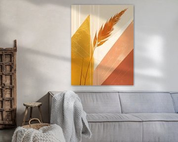 Abstrakte Natur Botanical Print | Minimalistische geometrische Formen mit goldenem Gras Schilf in warmen Erdtönen von Aditya Sandi Sasono