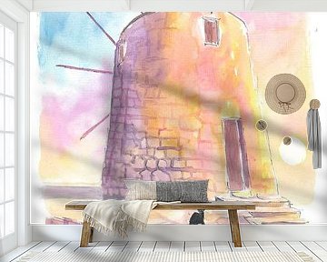 Charmante Griekse eilandwindmolen Middellandse Zee bij zonsondergang met katten