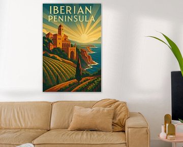 Iberian Peninsula Art Deco Poster – Sunlit Vineyards & Coastline by Travel Shop