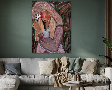Modern portret met pastel krijt, meisje met hoed en bloem van Studio Gjil