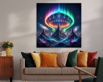 Eine Krone aus Polarlichtern, die über kosmischen Gipfeln leuchtet.