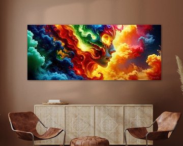 Hovering between light and mystery: the flowing face of a woman in streams of colour made of smoke, clouds and cosmic energy by AidasignArt
