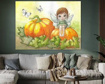 Fée d'automne sur citrouille aquarelle