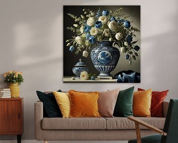Delft blue vase with white and blue tulips - timeless work of art by Kleurenrijk