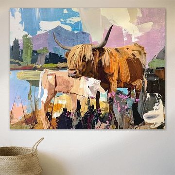 Schottische Highlander - figurativ rosa blau gelb und schwarz