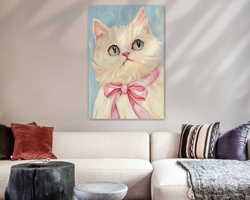 Rosa Schleife Weiße Katze von Melloi Art Prints