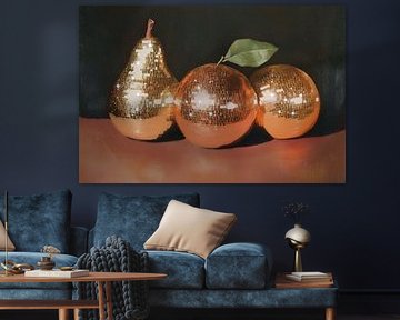 Disco Fruit Art : Poire et oranges avec mosaïque scintillante sur Melloi Art Prints