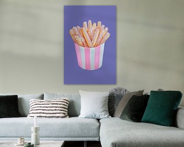 Frites pailletées dans un gobelet rose à rayures - Unique Food Art sur Melloi Art Prints