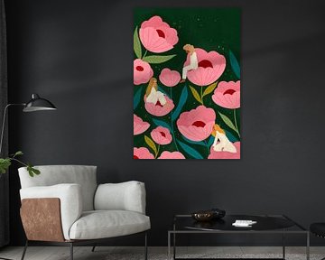 Trois femmes assises sur de grandes fleurs roses sur Bea Müller