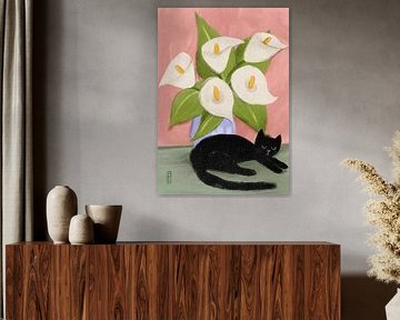 Lilies In a Vase and a Black Cat  - Still Life Illustration
