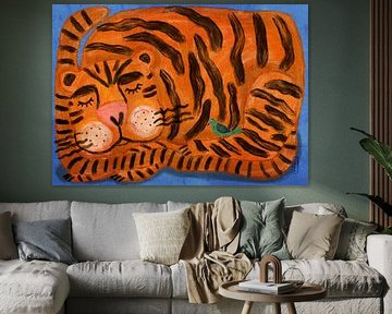 Schlafender Tiger und ein Vogel Tierfreunde von Dirkie Nell