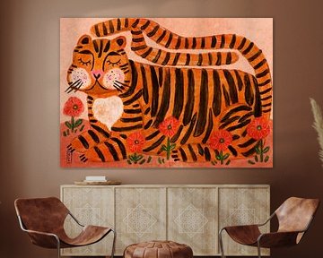 Schlafender Tiger in einem Blumengarten von Dirkie Nell