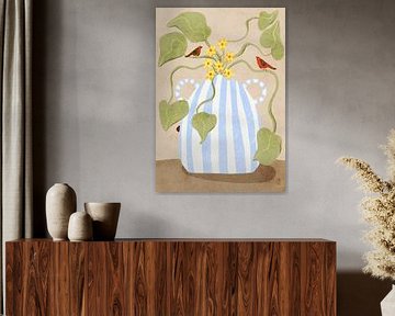 Leaves In a Pot With Birds Illustration by Dirkie Nell