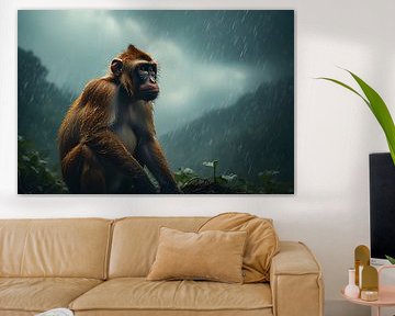 Singe de la jungle assis sous la pluie sur pungky setiawan