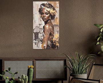 Modern abstract - portret afrikaanse vrouw in taupe en goud