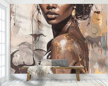 Modern abstract - portret afrikaanse vrouw in taupe en goud van Emiel de Lange