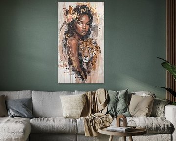 Woman with leopard - art in earth tones by Emiel de Lange