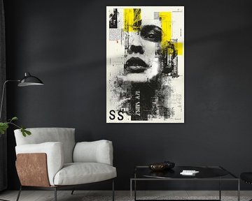 Abstract portrait of a woman in black and white with yellow accents - Modern collage art by Niphion Art