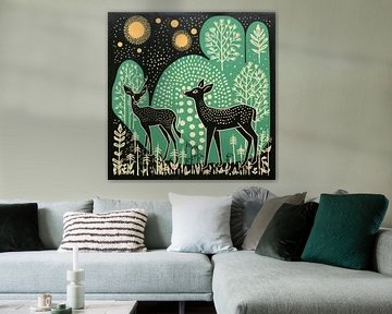 Fantaisie Folklorique Nuit Forêt Cerf sur Aloke Design