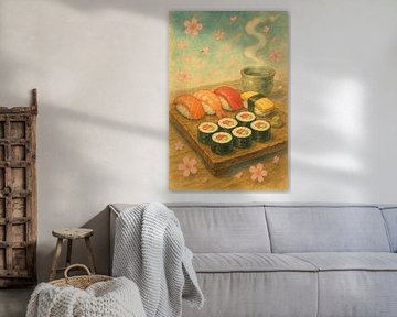 Anime Style Sushi Poster - Japanische Lebensmittel Kunst mit Kirschblüten