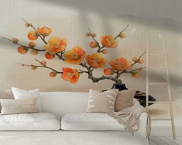 Japandisches Stilleben: Zweig mit Dattelpflaumenblüte in Vase