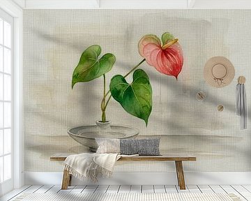 Japanisches Stillleben: Vase mit Anthurium im Ikebana-Stil