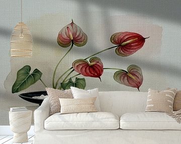 Japanisches Stillleben: Vase mit Anthurien im Ikebana-Stil