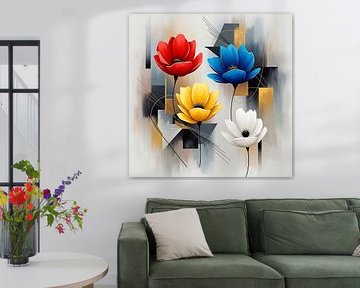 Fleurs abstraites rouges, bleues, jaunes et blanches sur fond géométrique sur Agnieszka Dybowska