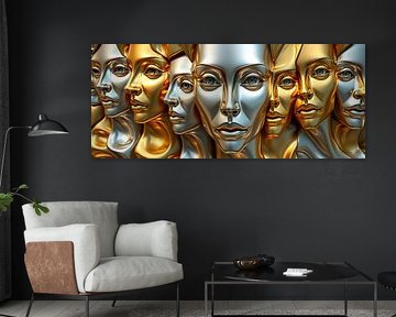 Gouden en zilveren gemaskerde blikken - een processie van gezichten tussen afstand en nabijheid, verhulling en onthulling van AidasignArt