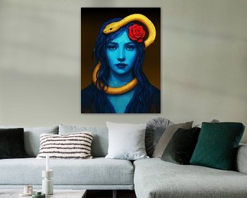 Blaue Frau mit goldener Schlange und roter Rose Surreale Wandkunst