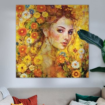 Frauenporträt mit sommerlichen gelben Blumen