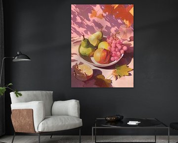 Summer fruit bowl in pink sunlight with pears, grapes and orange